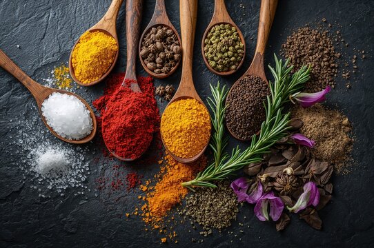 Assortment of vibrant spices displayed in wooden spoons with salt crystals, assorted peppercorns, and fresh herbs on a dark surface.