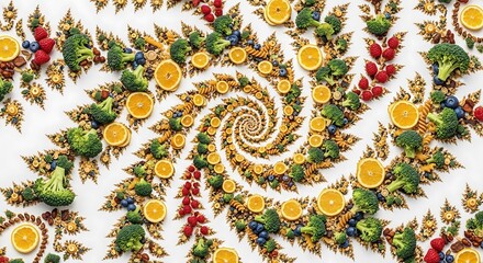 Abstract food spiral composition with vibrant fruits and vegetables array