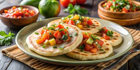 Pupusa plate with curtido and tomato salsa, fresh ingredients, pupusas