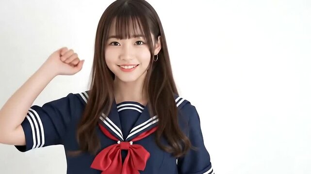 Cute Japanese girl in school uniform smiling and dancing. Isolated on white background.
