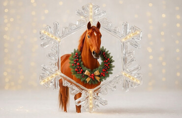 A red horse in a large decorative shining crystal snowflake on a bright New Year's background, greeting card with the symbol of the year 2026