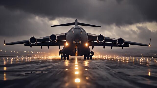 A large cargo plane prepares for takeoff under a gray sky, symbolizing strength, precision, and the international reach of air logistics.
