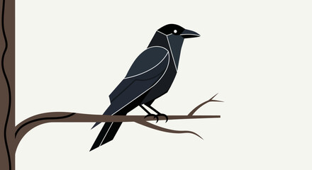 A stylized black crow perches on a branch, with part of a tree trunk visible on the left.