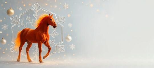 A red horse in a large decorative shining crystal snowflake on a bright New Year's background, greeting card with the symbol of the year 2026