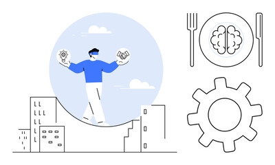 Person walking balancing light bulb and handshake over cityscape, plate with brain, gear concept. Ideal for innovation, teamwork, strategy, mindfulness, urban challenges, productivity