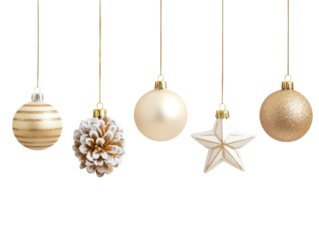 Various Christmas ornaments, including baubles and a star, are suspended from golden strings 