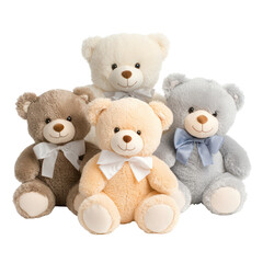 Group of adorable teddy bears with colorful bows, perfect for children's gifts.