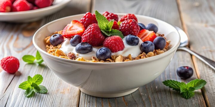 Breakfast bowl with muesli and fresh berries topped with creamy yogurt , muesli