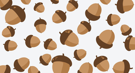 A pattern of scattered acorns with brown caps and light brown bodies against a white background.