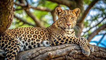 Naklejka premium Leopard peacefully resting in a tree in Tarangire National Park, african wildlife, nature