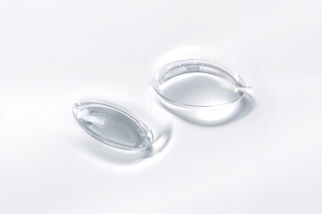 A pair of contact lenses showing reflections, set against a plain white backdrop