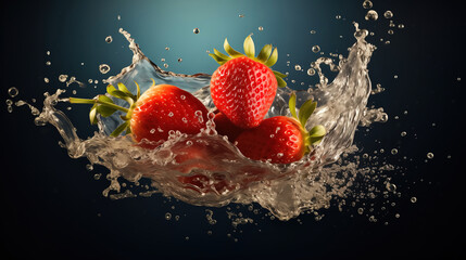 Fresh Strawberries Dive into Water, Creating a Colorful Splash