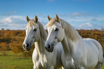 Two graceful white horses calmly standing side by side in a lively countryside scene.