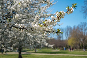 Fototapeta premium Tree Branch Covered With White Blossoms in a Garden