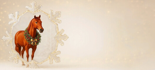 A red horse in a large decorative shining crystal snowflake on a bright New Year's background, greeting card with the symbol of the year 2026