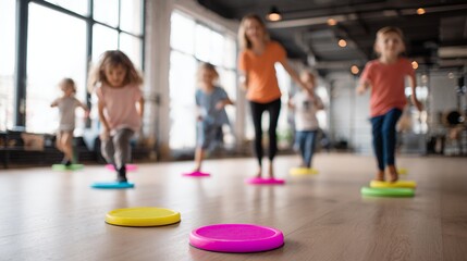 children playing games in bright studio