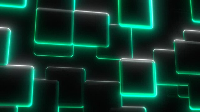 Several squares with rounded corners light up in neon green against a dark black background.