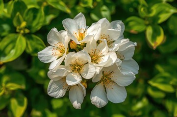 Obraz premium Vibrant white and yellow blossoms set against lush green foliage. Premium quality photograph.