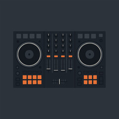 Fototapeta premium Overhead flat composition of a professional two-deck DJ console with central mixer—knobs, faders, jog wheels, performance pads, and simple LEDs