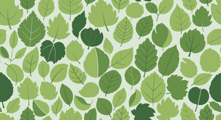 A vibrant, repeating pattern composed of various green leaf illustrations, creating a textured background.