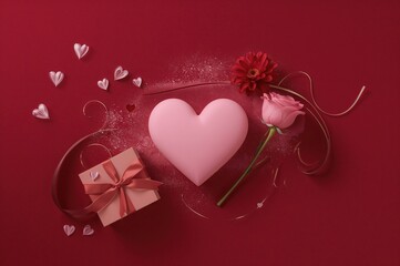 Valentine's Day theme featuring a heart, gift box, and flower on a red backdrop