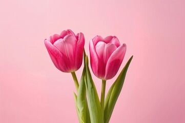 Fototapeta premium Two bright pink tulips set against a pink backdrop