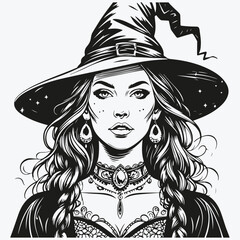 beautiful witch portrait sketch illustration vector