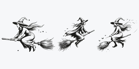 witch flies on a broom sketch illustration vector set