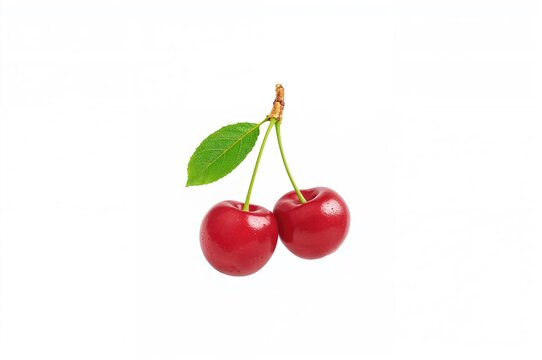 Pair of delicious cherries connected by a stem on a white background