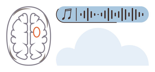 Brain with highlighted area, music note, soundwave bar, and cloud shape representing musics effect on cognitive function. Ideal for neuroscience, creativity, wellness, learning, memory mental