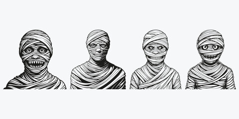 mummy monster for halloween sketch illustration vector set