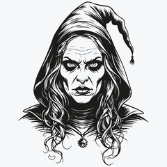 scary ugly witch portrait sketch illustration vector