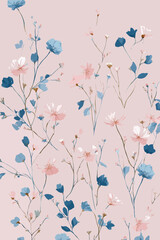 Pastel floral pattern with delicate blue and pink wildflowers art