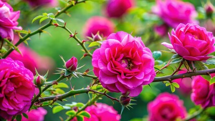 Fototapeta premium A close-up of a thorny rose bush in full bloom with vibrant pink petals and delicate green foliage surrounding the thorns , flora , flower arrangement