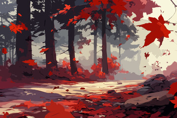 Autumn leaves in the forest painting with bright red foliage