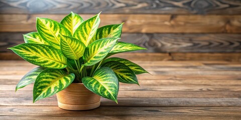 Exotic house plant with bright green leaves and yellow variegation on a blurred wooden floor, foliage, houseplant