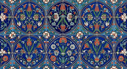 Classic floral design in blue, red, and green tiled mosaic texture