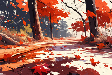 Autumn landscape with falling leaves and trees in vibrant colors