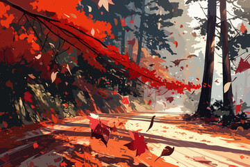 A vibrant autumn scene with falling leaves on a forest path
