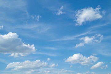 Bright White Clouds Against a Clear Blue Sky, Offering Ample Background Space