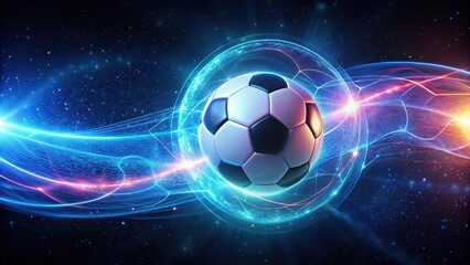 Fototapeta premium Futuristic neon-lit soccer ball hovering in space with glowing energy lines and swirling patterns, energy