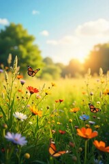 Golden Sunlight Bathes Vibrant Summer Meadow Wildflowers in Bloom, Butterflies Dancing Amongst Tall Grasses. Idyllic Summer Scene, Perfect for Nature, Travel, and Relaxation Themes.