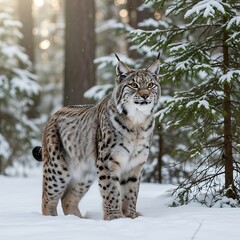 Naklejka premium Majestic Lynx in Snowy Forest.
