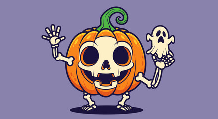A cheerful pumpkin skeleton with a ghostly companion, waving hello and celebrating.
