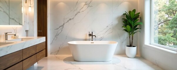 Serene Spa-Like Bathroom Luxurious Freestanding Tub, Sleek Fixtures, and Elegant Marble