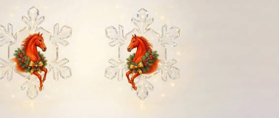 A red horse in a large decorative shining crystal snowflake on a bright New Year's background, greeting card with the symbol of the year 2026