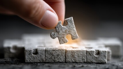 A hand placing the final uniquely shaped puzzle piece, symbolizing completion and teamwork in problem-solving.