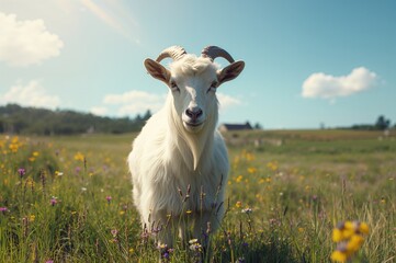 Obraz premium Long-haired white goat with horns grazing on a lush green field under bright summer sunlight