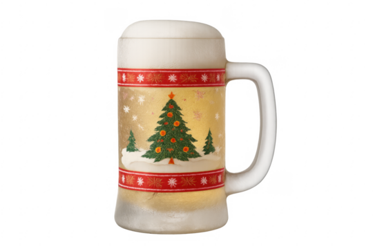 Christmas beer mug with frosty foam on transparent background