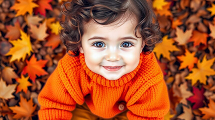Fototapeta premium Cute little girl in cozy orange knitted sweater and bright autumn leaves at background